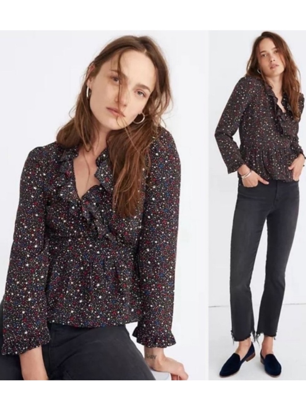 NWT Madewell Silk Ruffle-Hem Wrap Top in Starry Night Size XL